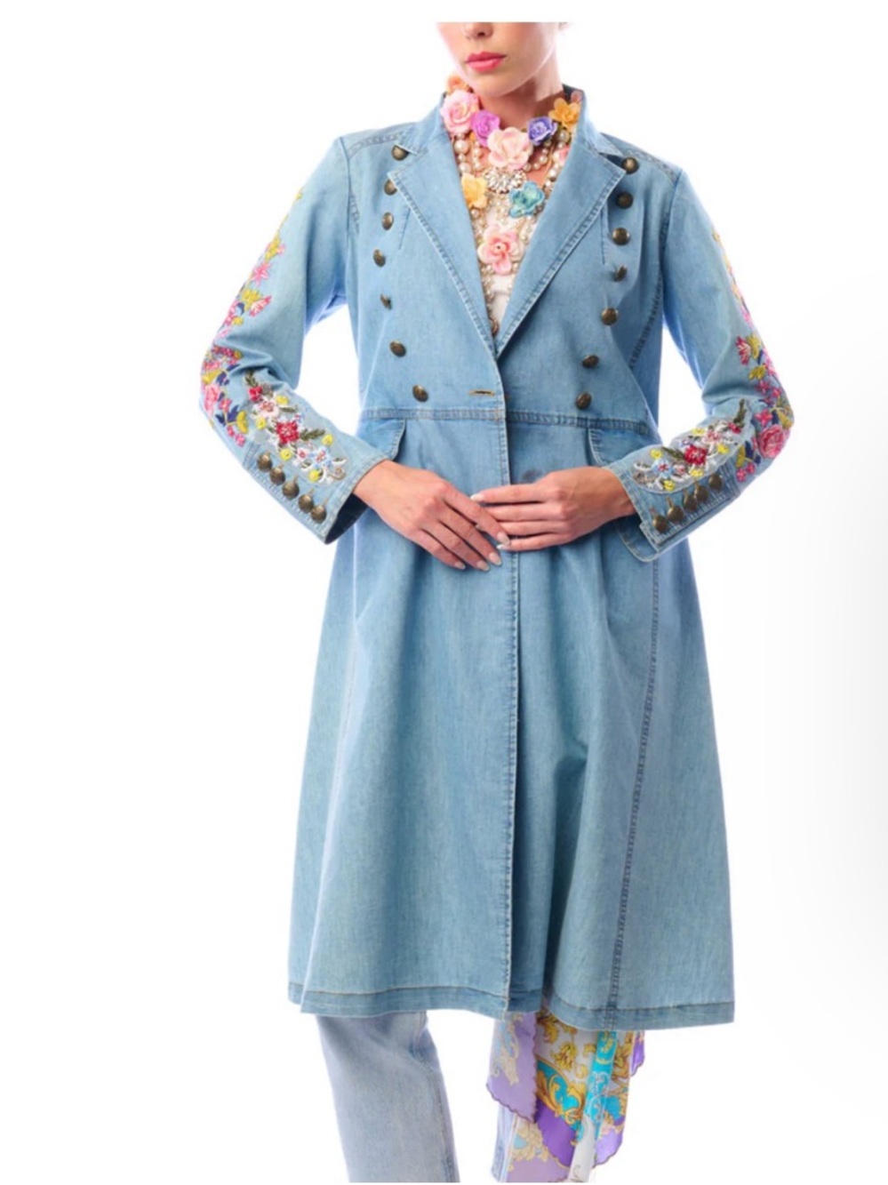 NWT Aratta New Yorker Light Wash Denim Hand-Embroidered Coat